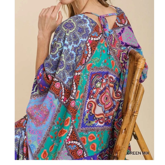 Umgee Mixed Print Open Front Kimono with Back V-Neck Tie and Ruffle Hem - Picture 2 of 3